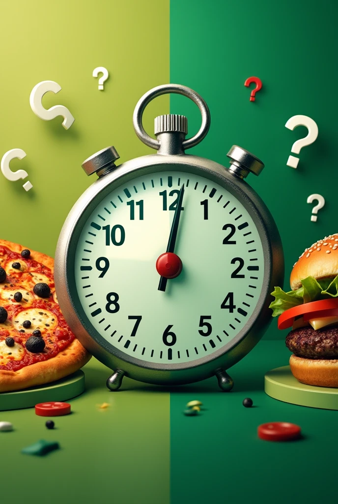 Background: A dynamic, split background with a pizza on one side and a burger on the other.
Central Visual: A large, stop watch in the center, with a timer of 10 minutes. The clock should show digits 10 minutes.
Accent: question marks trailing from the clock.
Include the following text at the top of the image:
"Swish: Faster than you can choose between pizza and burger. Delivered in 10 minutes or less!"
Keep the theme of the image green.
Include the text in the top!!!!!