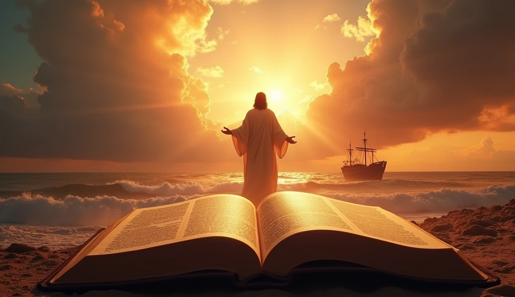 "Create a realistic, cinematic image for a YouTube banner that integrates the following elements: an open Bible in the foreground, Noah&#39;s Ark majestically in the background, and the figure of Jesus in an inspiring pose. The background should be vibrant and eye-catching, with rich colors and dramatic lighting, evoking an atmosphere of adventure and spirituality. Include details that are reminiscent of an epic film, like dramatic clouds, rays of light and an impressive horizon. 