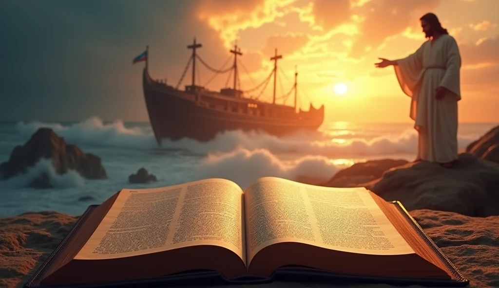 "Create a realistic, cinematic image for a YouTube banner that integrates the following elements: an open Bible in the foreground, Noah&#39;s Ark majestically in the background, and the figure of Jesus in an inspiring pose. The background should be vibrant and eye-catching, with rich colors and dramatic lighting, evoking an atmosphere of adventure and spirituality. Include details that are reminiscent of an epic film, like dramatic clouds, rays of light and an impressive horizon. 