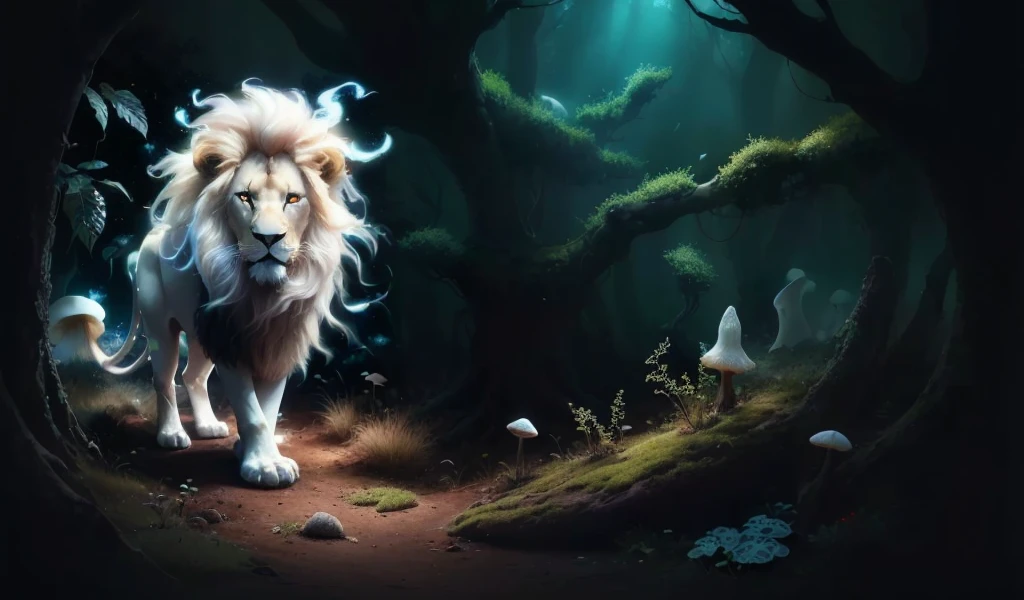 image expansion, with small albino mushrooms sprouting from the ground, mushroom forest, various mushrooms and light tones, sheen, magie, high qualiy, beautiful, more mushrooms on the ground, many mushrooms, large mushrooms. add more happiness to the lion.