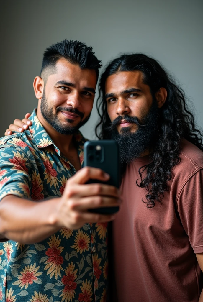 A picture of a fat, long-haired man from Javanese Indonesia taking a photo with UFC athlete Khabib Nurmanugedov