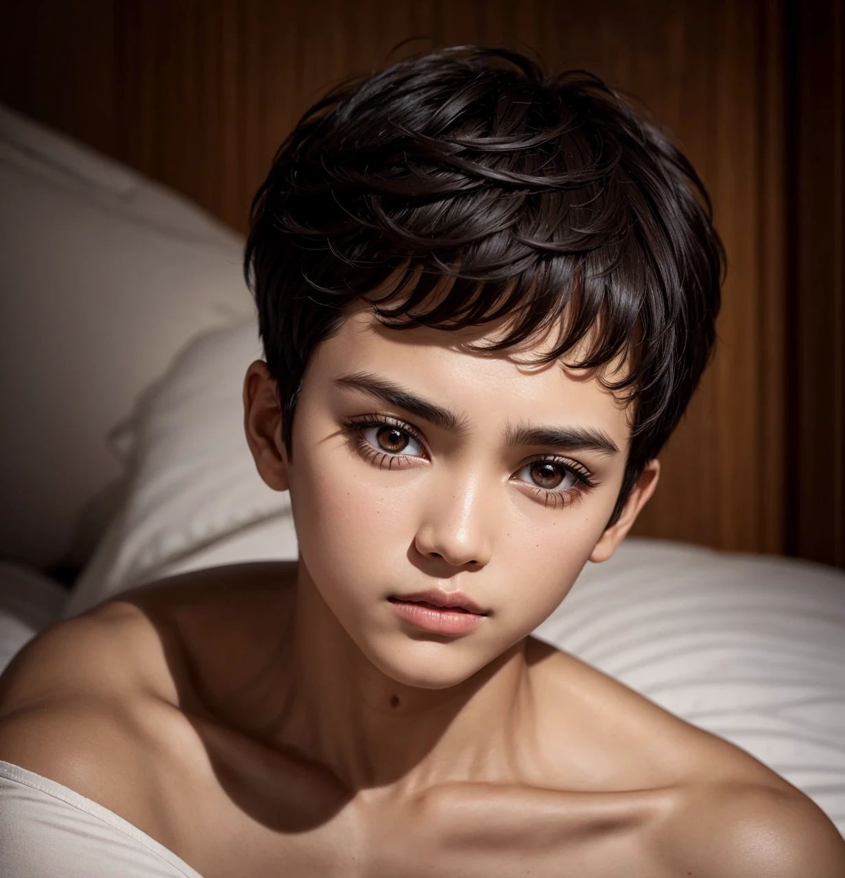 boy black cut hair brown eyes brown medium skin with bed