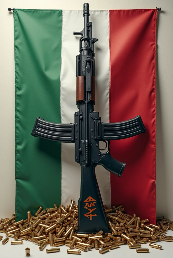 Oops, create an image with the Italian flag and an AK 47 with the name AMAYA and ammunition , I want a very realistic image