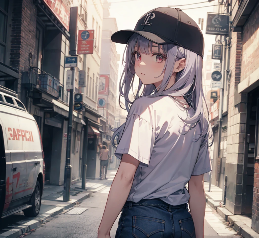 (Close-up:1.3),Realistic,Highest quality, Super detailed, High-quality CG rendering, The most delicate and beautiful, Floating softly, High resolution, (1 person), (Highest quality,4K,8k,masterpiece:1.2), Light purple hair,(Long Hair:1.5),Red eyes,(Black short sleeve T-shirt:1.4),(Pure white skinny jeans:1.4),(Pure white baseball cap:1.3),In the city,old buildings,Narrow Alley,(Turn your back to your audience:1.3),Butt