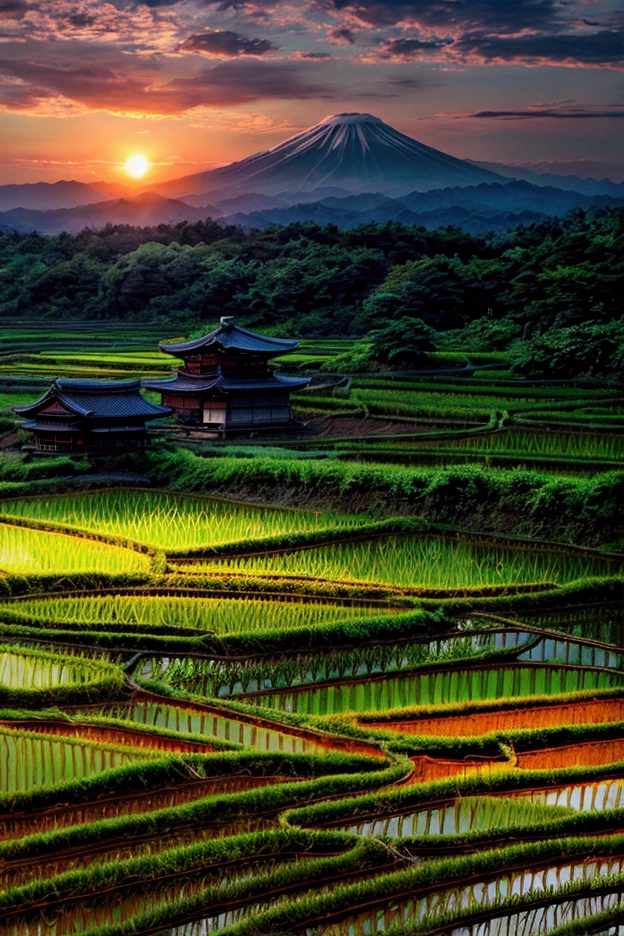 Japanese countryside、 Paddy field、Fantasy、summer night、4K quality、photograph、
