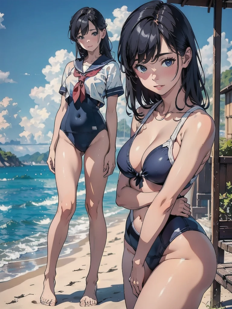 (8k, RAW Photos, Highest quality, masterpiece: 1.2), (Realistic: 1.37)、Photorealistic perfect body 、(solo:1.2), Beach, School Swimsuit .50mm lens、Beautiful blue sky、Dominant Pose
