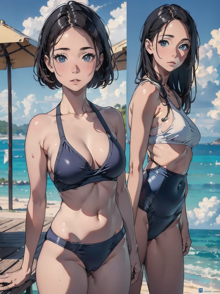 (8k, RAW Photos, Highest quality, masterpiece: 1.2), (Realistic: 1.37)、Photorealistic perfect body 、(solo:1.2), Beach, School Swimsuit .50mm lens、Beautiful blue sky、Dominant Pose