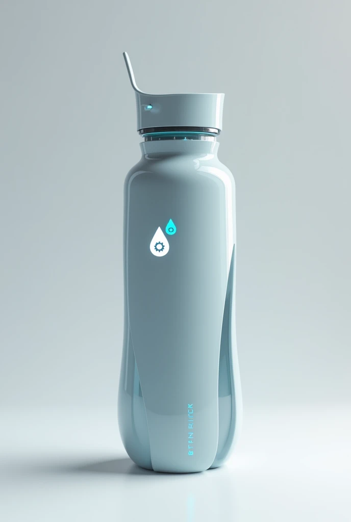 A sleek, modern bottle with a minimalistic design. The body of the bottle is semi-transparent. The bottle has a small digital display on the side that shows real-time data like hydration goals, water temperature, and a battery indicator. The cap could have a built-in sensor that tracks how much water has been consumed, with a subtle touchscreen interface. With visible designed logo of water droplet in white and blue color with gear inside. Showing all features clearly.