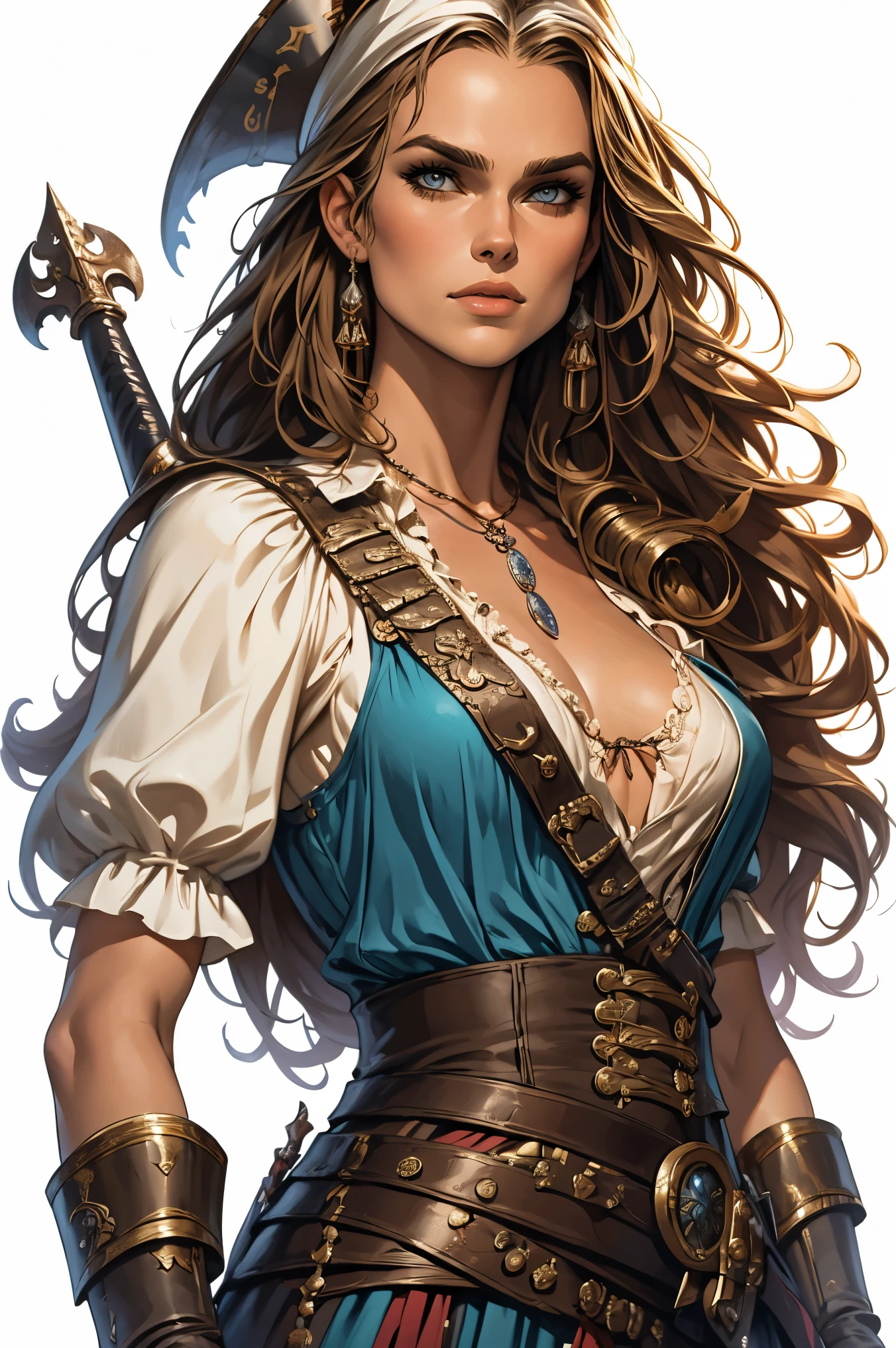 Keira Knightley as Elisabeth Swann from the movie Pirates of the Caribbean, highly detailed cinematic illustration, black outlining, full color illustration, vivid colors, white background, in the style of Boris Vallejo & Julie Bell, masterpiece, 8k, ultra-detailed, physically-based rendering, vivid colors, dramatic lighting, intricate background, photorealistic