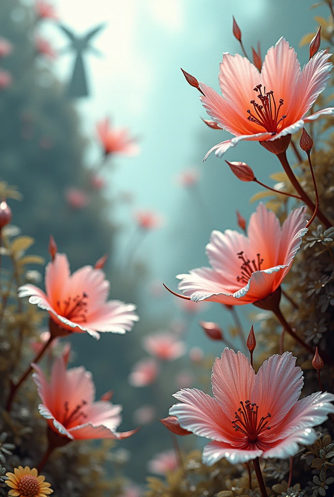 papillons,angles regardant d&#39;en bas, divers bijoux tombant du ciel, magnifique et belle vue superbe, légèrement brumeux, fantastique, Haute résolution, 8k, (meilleure qualité, haute résolution, réaliste:1.37), fleurs métalliques brillantes, pétales complexes et délicats, surfaces réfléchissantes, couleurs vives, Détails complexes, vue rapprochée, jardin surréaliste, Beauté surréaliste, ambiance de rêve, beaux-arts, plantes abstraites, sculpture métallique, textures contrastées, lueur éthérée