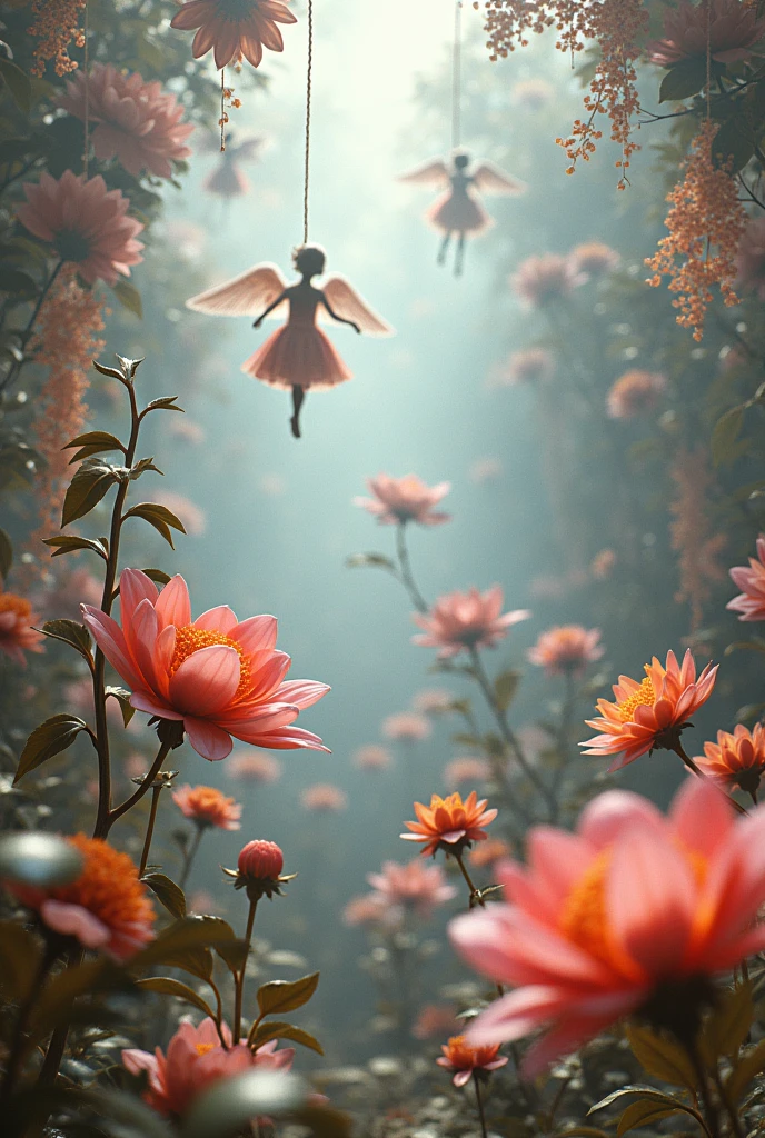 papillons,angles regardant d'en bas, divers bijoux tombant du ciel, magnifique et belle vue superbe, légèrement brumeux, fantastique, Haute résolution, 8k, (meilleure qualité, haute résolution, réaliste:1.37), fleurs métalliques brillantes, pétales complexes et délicats, surfaces réfléchissantes, couleurs vives, Détails complexes, vue rapprochée, jardin surréaliste, Beauté surréaliste, ambiance de rêve, beaux-arts, plantes abstraites, sculpture métallique, textures contrastées, lueur éthérée