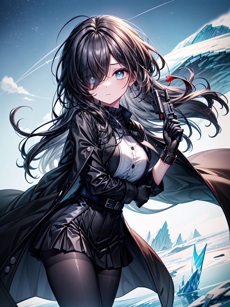 ((Epic Battle Scene)),((Celestial Glacier)),((masterpiece)),((Highest quality)),((black micro mini length skirt)),((holdinga gun in front of her)),((alone)),(Serene),((Deep blue pupils)),((sparkling eyes)),(Beautiful Blue Eyes),((Wearing a black coat)),(((Wearing black tights))),(Slim body),((length, Shiny black hair)),((Her left eye is completely hidden by her bangs)),((Her hair is parted, and you can see her eyes through it)),((Wearing black gloves)),((hair over one eye,long hair)),((Hair blowing in the wind))