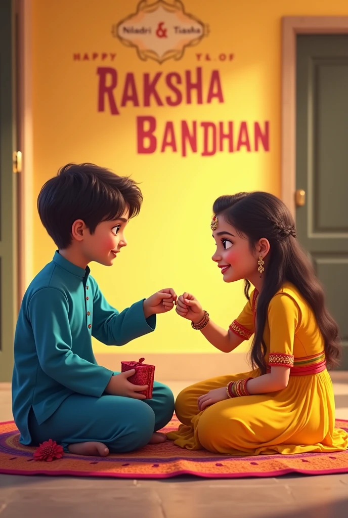 A realistic 20 year old Cute boy and girl are sitting face to face on a colorful mat in the home lobby, the boy has extended one of his hand forward And Girl tying Rakhi on brother's hand. boy is wearing a Blue colored kurta And the girl is wearing a yellow Lahenga, boy has a gift box in his other hand, is smiling, girl has applied tilak on his forehead, and on the wall in bold letters "HAPPY RAKSHA BANDHAN" "Niladri &Tiasha" It is written, 4k image