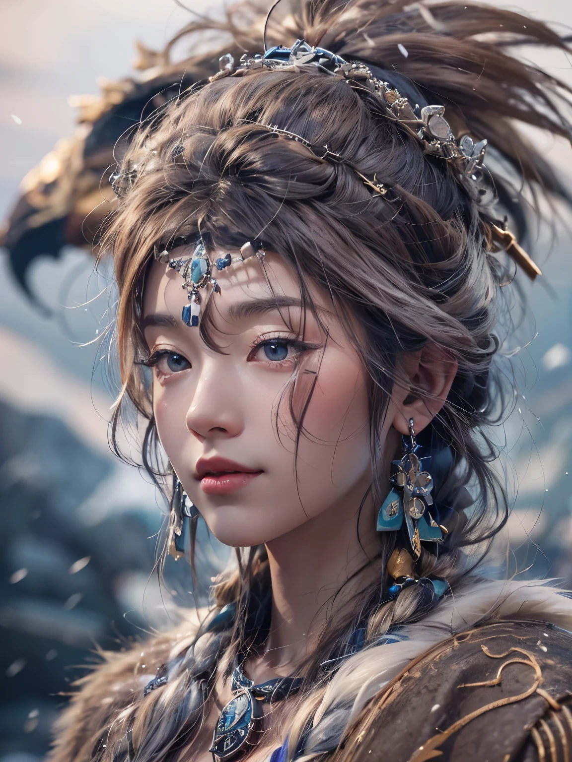 Hiding in the snowy mountains、Hair Flow、 ((Highest quality、masterpiece、8k、Best image quality、Ultra-high resolution、Award-winning works)、(Accurate anatomy:1.1)、(Look at me and smile:1.1)、Shining fair skin with Ultra-high resolution、The most detailed face、Ultra-high resolution detailed face、Ultra-high resolutionの髪の毛、(Ultra-high resolutionの煌めく瞳:1.1)、Beautiful face drawn in every detail、(Blurred Background:1.1)、Ancient Inuit clothing, Chest to chest, tattoo, Old ruins in the background、he'It's big, You have a real hawk on your shoulder..