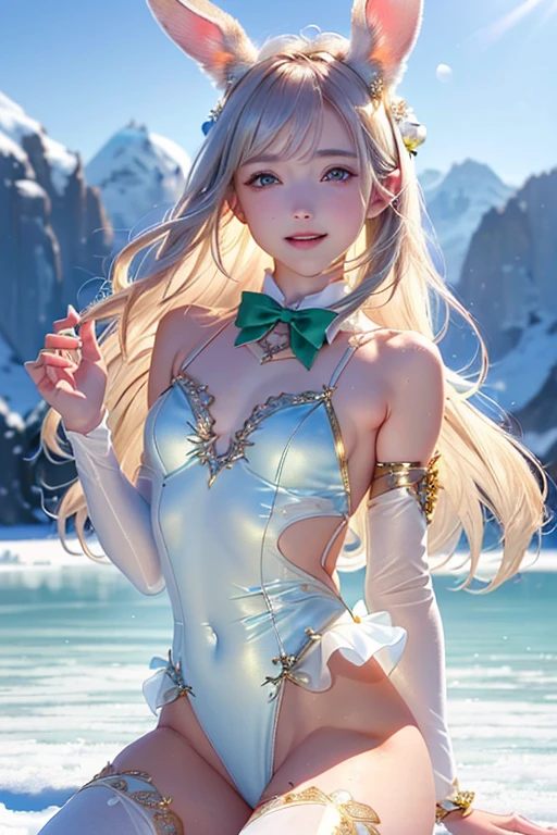 masterpiece, Highest quality, Highly detailed CG Unity 8k wallpaper,((Upper Body)) ,((Upper Body head close-up shot of a beautiful little girl)), , Elegant long straight blonde hair, (Mckenna Grace), ((Flat Chest,Thighs,Self-illuminating skin)), (Silver-green) Golden (A transparent, sparkling tutu,long rabbit ears headgear, , bow tie, No pants, Genitals are visible), ((Spread your legs)),(), (blush), , (Captivating smile), (Ice and snow world), Pretty face, Key Art, Awards, intricate detail realism hdr, by (Luan Jia, Altgerm and Range Murata), Photorealism, Hyperrealism, Ultra-realistic, Dramatic Light, Strong Shadows, Nice views, Depth of written boundary