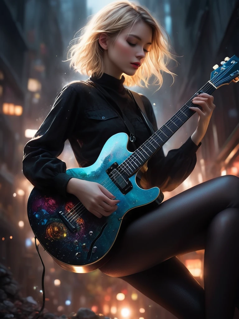 ((Masterpiece in maximum 16K resolution):1.6),((soft_color_photograpy:)1.5), ((Ultra-Detailed):1.4),((Movie-like still images and dynamic angles):1.3) | ((double contact):1.3), ((Beautiful Blonde Female Musician silhoutte effect):1.2), ((Superimposed on Pretty Female):1.1)《dark city sky》Agnes Cecile, Jeremy Mann, Oil and ink on canvas, fine dark art, super dramatic light, photoillustration, amazing depth, the ultra-detailed, iridescent black, superfluous dreams, intricately details, amazing depth, Amazing atmosphere, Mesmerizing whimsical vibrant landscapes, ((Female musician playing guitar):1.5), (beautiful グラデーションcolor guitar)Maximalism ((beautiful outside, Ugly inside, pressure and pain, beauty and despair, hard and soft, positive and negative, hot and cold, Sweet and sour, Vibrant but boring, Perfect harmony, light and shadows, old and young, Black and white, Corresponding color, loud and quiet, Chaos and peace, life and death):1.2) The complex masterpiece of a real-time engineering leader. | Rendered in ultra-high definition with UHD and retina quality, this masterpiece ensures anatomical correctness and textured skin with super detail. With a focus on high quality and accuracy, this award-winning portrayal captures every nuance in stunning 16k resolution, immersing viewers in its lifelike depiction. | ((perfect_composition, perfect_design, perfect_layout, perfect_detail, ultra_detailed)), ((enhance_all, fix_everything)), More Detail, Enhance. | (((perfect_fingers))), (((perfect_legs))), (((perfect_hands))),
