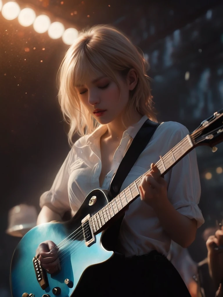 ((Masterpiece in maximum 16K resolution):1.6),((soft_color_photograpy:)1.5), ((Ultra-Detailed):1.4),((Movie-like still images and dynamic angles):1.3) | ((double contact):1.3), ((Beautiful Blonde Female Musician silhoutte effect):1.2), ((Superimposed on Pretty Female):1.1)《dark city sky》Agnes Cecile, Jeremy Mann, Oil and ink on canvas, fine dark art, super dramatic light, photoillustration, amazing depth, the ultra-detailed, iridescent black, superfluous dreams, intricately details, amazing depth, Amazing atmosphere, Mesmerizing whimsical vibrant landscapes, ((Female musician playing guitar):1.5), (beautiful グラデーションcolor guitar)Maximalism ((beautiful outside, Ugly inside, pressure and pain, beauty and despair, hard and soft, positive and negative, hot and cold, Sweet and sour, Vibrant but boring, Perfect harmony, light and shadows, old and young, Black and white, Corresponding color, loud and quiet, Chaos and peace, life and death):1.2) The complex masterpiece of a real-time engineering leader. | Rendered in ultra-high definition with UHD and retina quality, this masterpiece ensures anatomical correctness and textured skin with super detail. With a focus on high quality and accuracy, this award-winning portrayal captures every nuance in stunning 16k resolution, immersing viewers in its lifelike depiction. | ((perfect_composition, perfect_design, perfect_layout, perfect_detail, ultra_detailed)), ((enhance_all, fix_everything)), More Detail, Enhance. | (((perfect_fingers))), (((perfect_legs))), (((perfect_hands))),