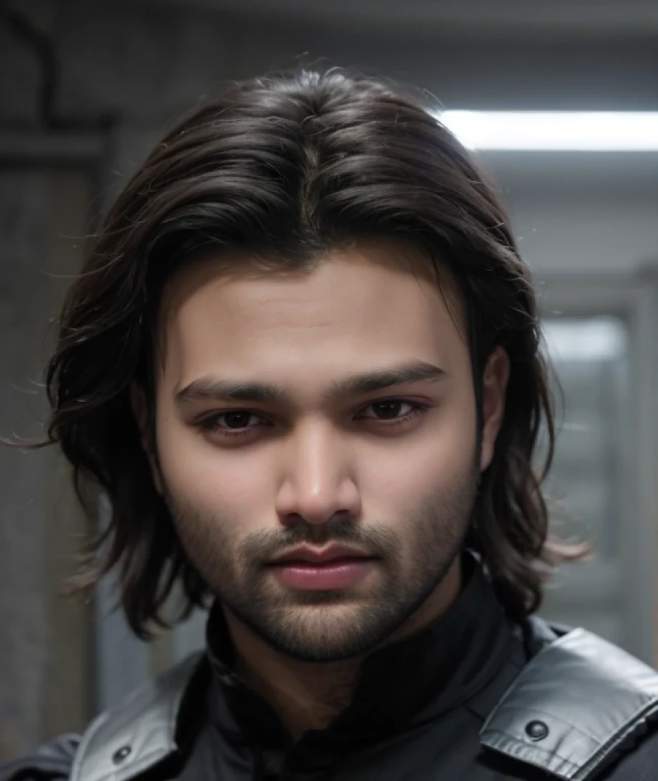 A beautiful young bearded man with highly detailed skin.black hair.happy emotion