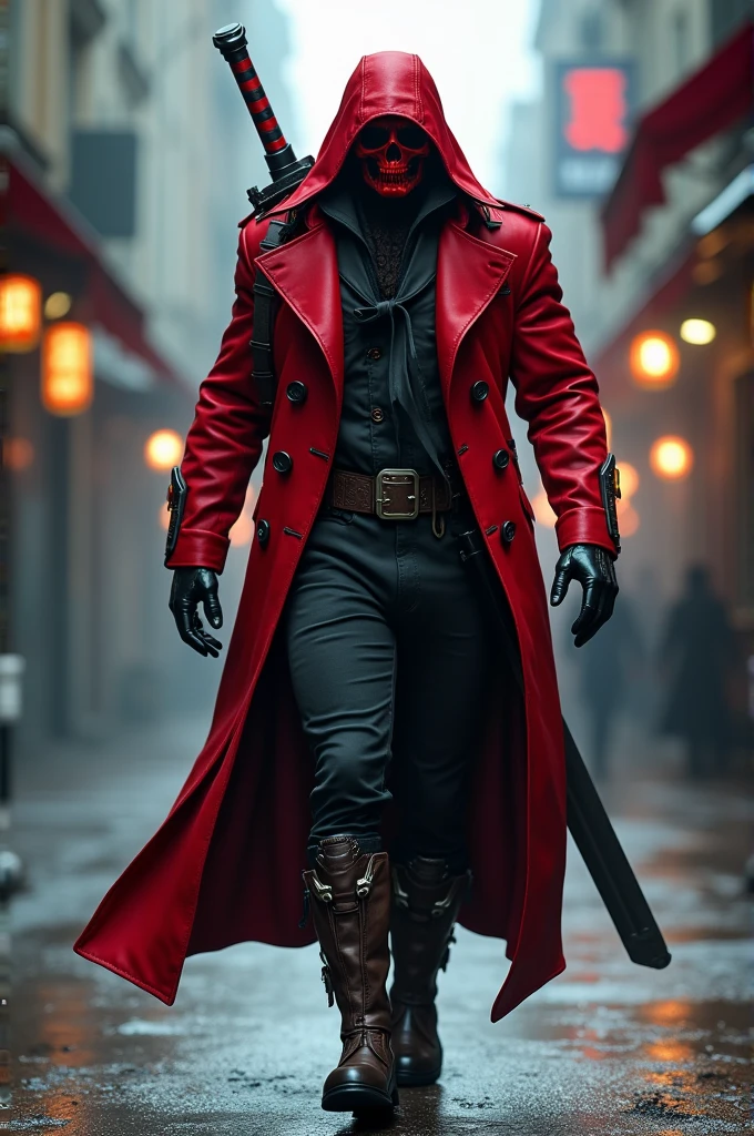 Create an anti-hero. that measures 1,87 cm, that is with a marked physique, that wears a red trench coat, a large sword on his back, Wearing black leather fingerless gloves, wearing a red skull mask, that on the sides of the legs, carry 2 revolver weapons.