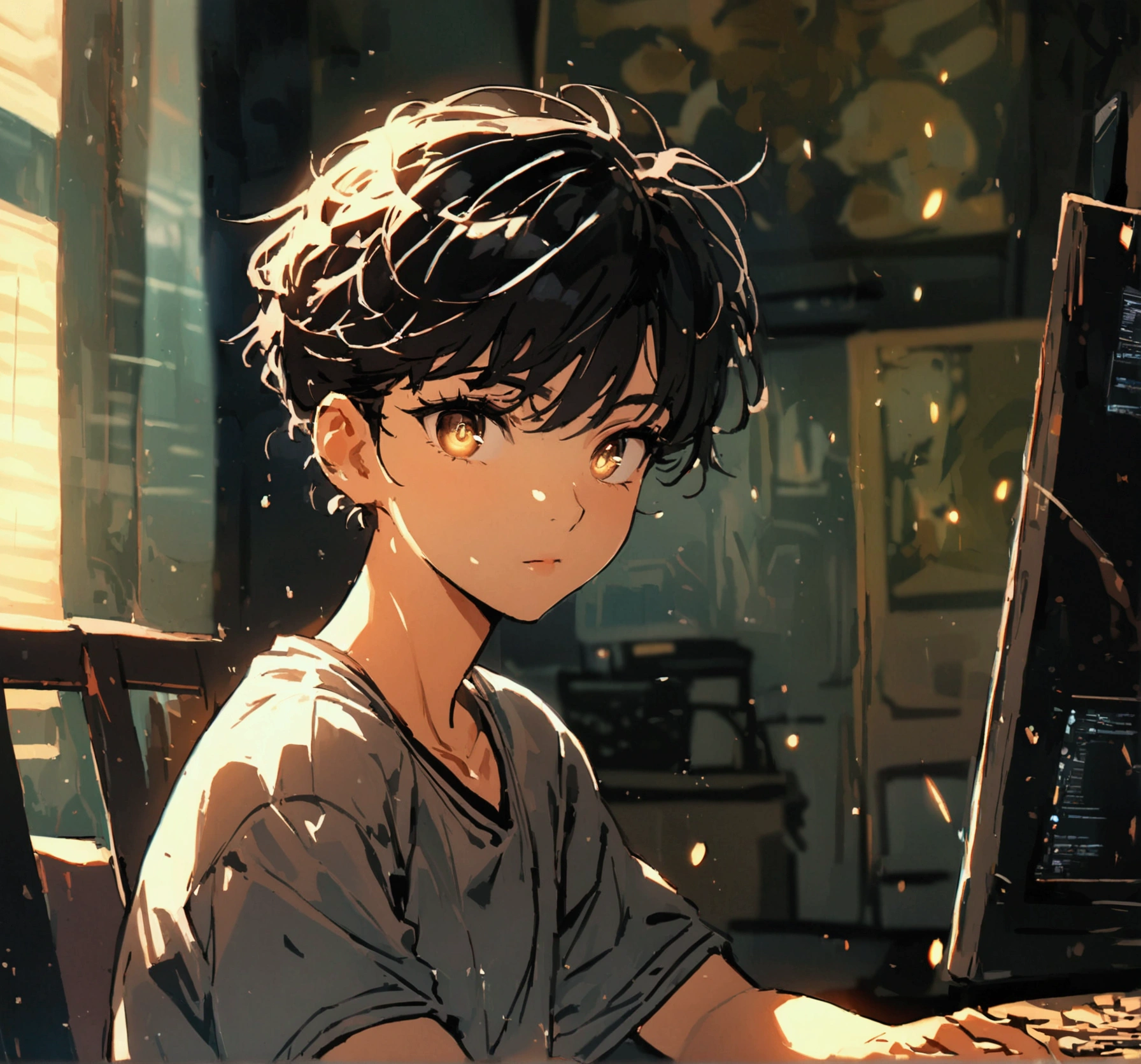 (masterpiece:1.2, top quality), (Beautiful, detailed eyes: 1.2), (Beautifully detailed face), high contrast, (Better lighting, Очень нежный и Beautiful), ((cinematic light)), top quality, masterpiece, particles of light, young guy ,sitting at the computer ( computer is visible, shot from behind him ) in a dark room , Brown eyes, hair short black, Swept-back bangs, eyelash, stoic, Gray sleeveless shirt with collar and white vertical stripes., upper body, , tinted hands, particles of light, top quality, masterpiece, warm colors in the background ( very black, Night, dark ), dark