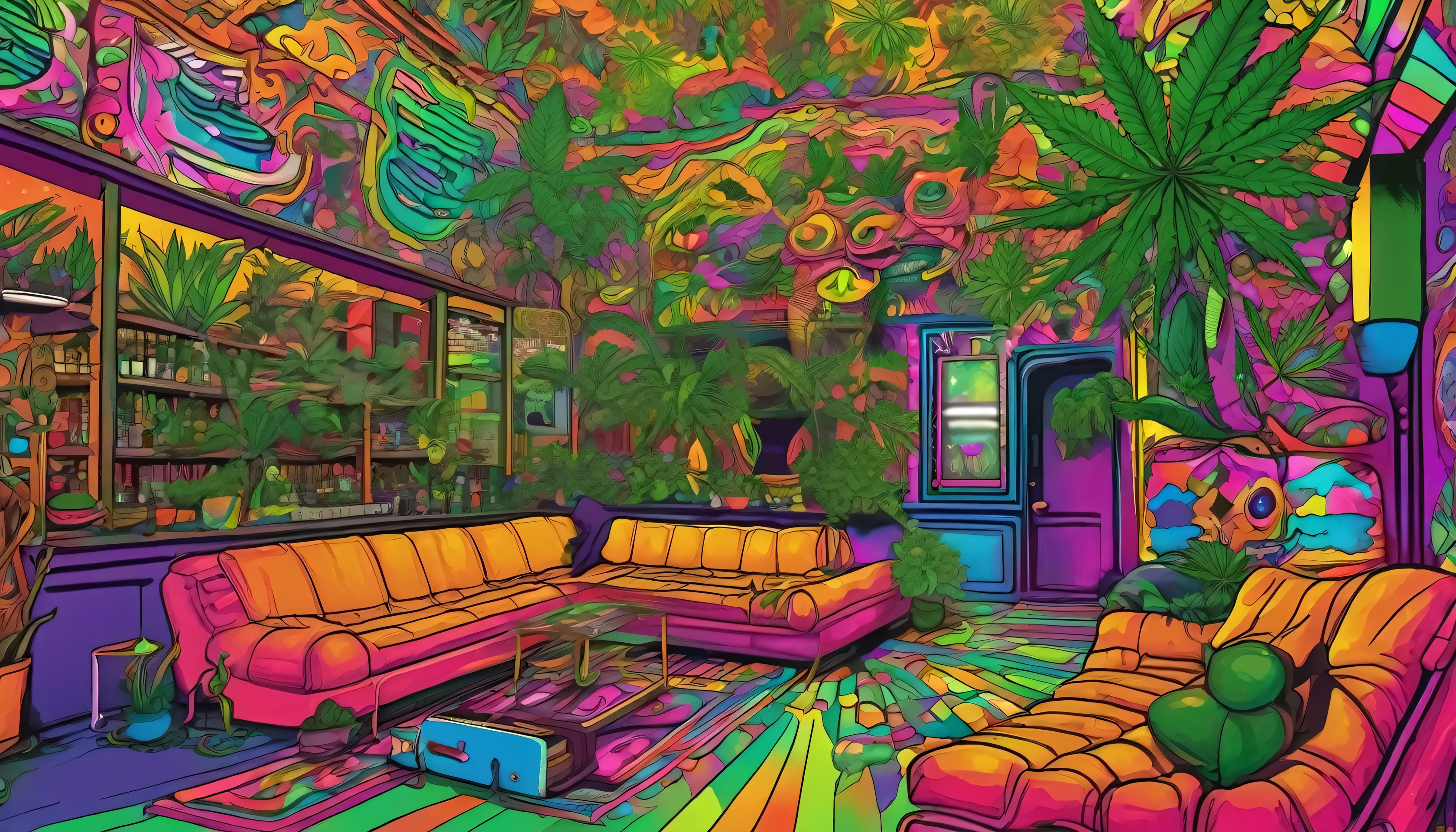 cannabis store near patong beach phuket. floor seating inside with plants and neon lights, weed illustration, reggae art style, cannabis style, 420 artwork, retro psychedelic weed illustration, smoke hip-hop, psychedelic artwork, in illustration style digital, reggae art, extremely high quality artwork, estilo de arte impressionante, arte do Adobe Illustrator, visionary art style, psychedelic acid trip, estilo de arte vetorial, Terence McKenna