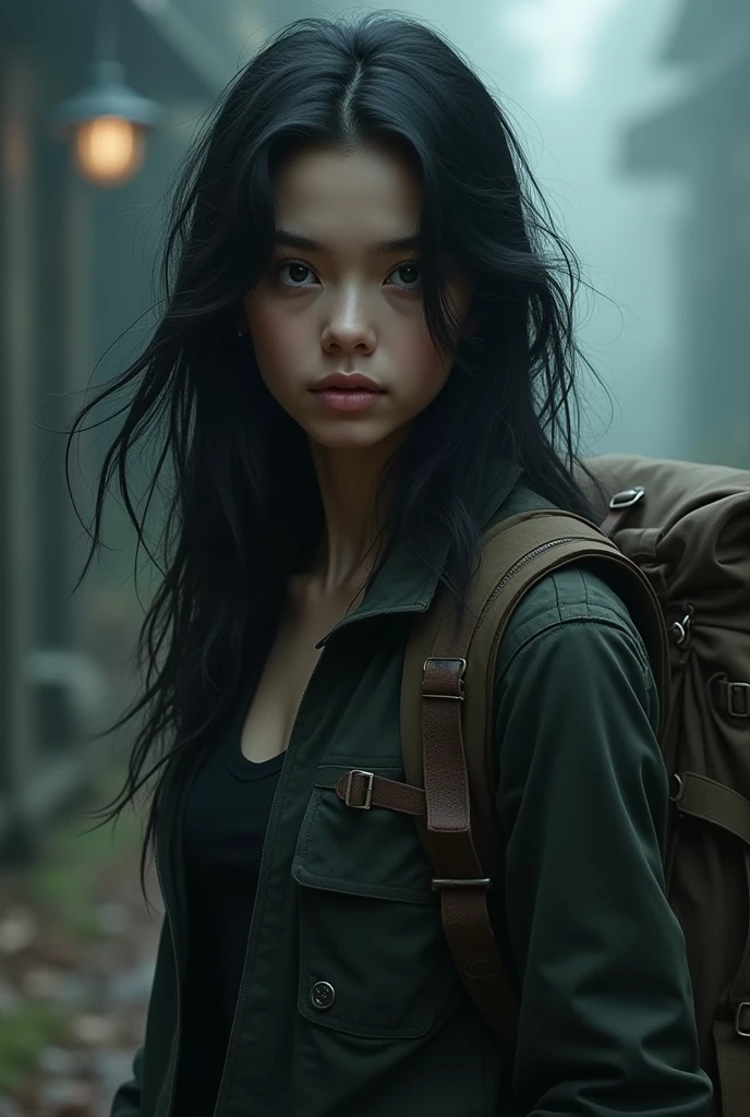 A black haired woman with black eyes holding a backpack