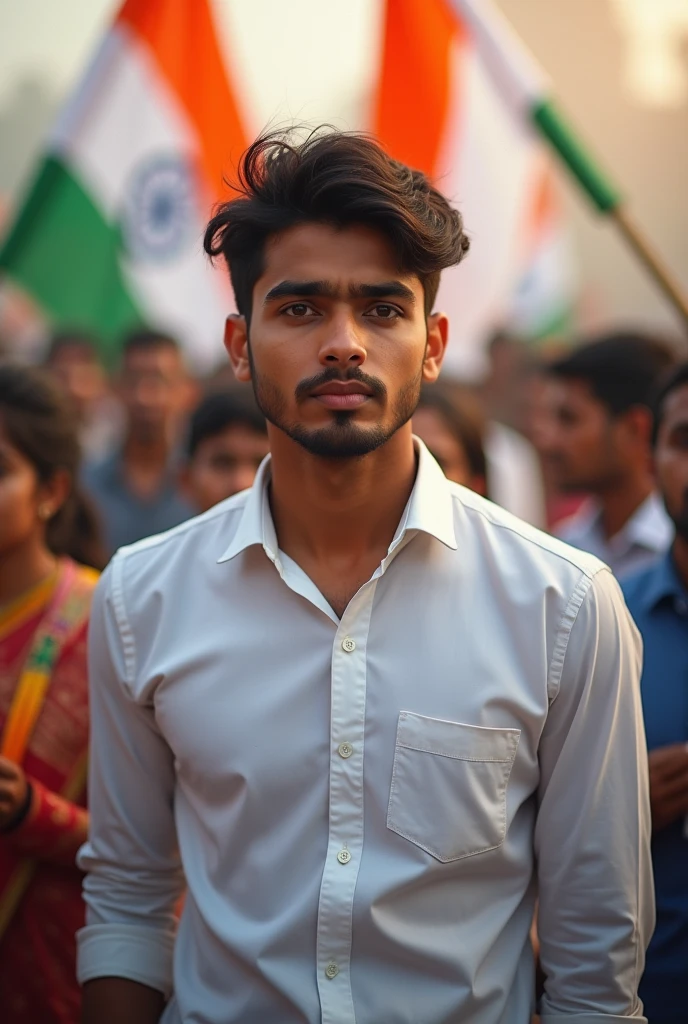 A man with shirt full sleeves and "pradeep Kumar" name on chest, age 25 and Indian flag with croud