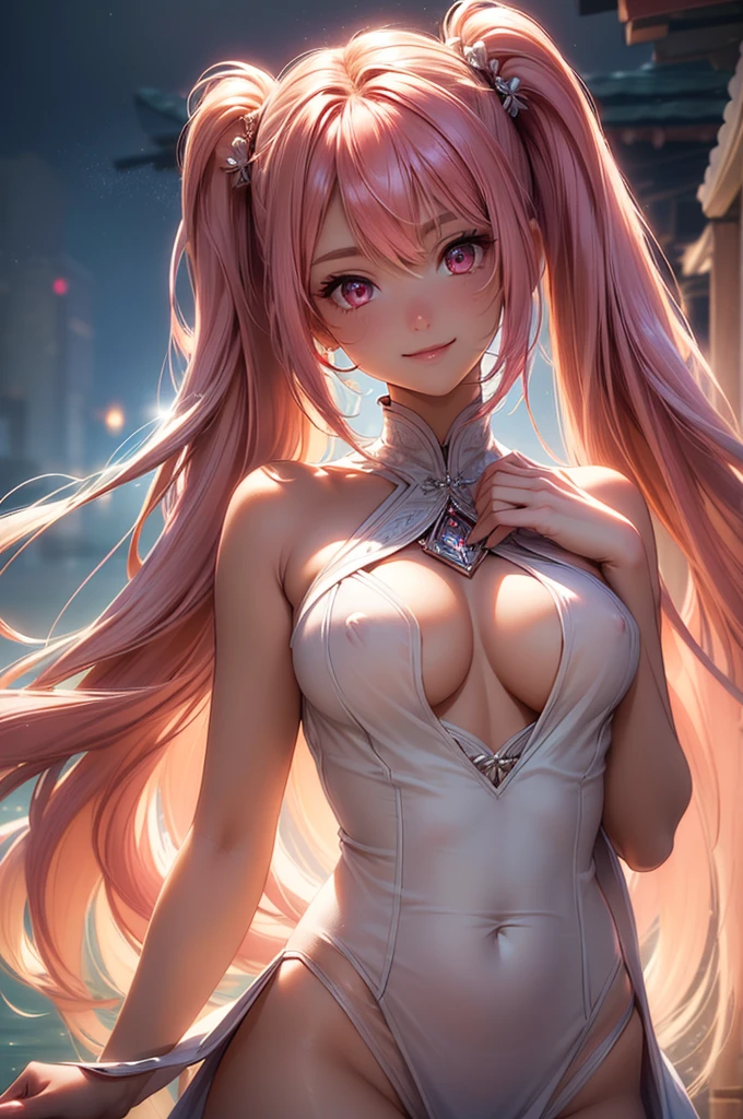 ((best quality, ultra-detailed, high resolution, extremely detailed CG, super detailed, direct light, Most beautiful clean lighting)), 1 girl, beautiful girl, cute girl and idol face, young face, smile, Beautiful long pink hair, twintails, Beautiful shining red eyes, white skin, slender, Short body, Midsummer Scenery, open and show breasts, nsfw,