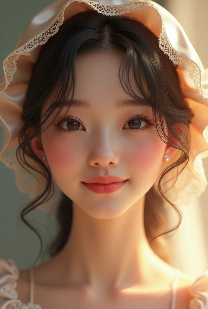 A smiling woman wearing a satin bonnet