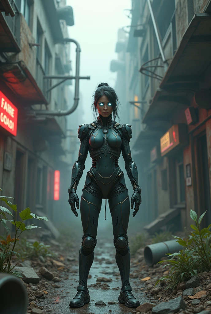 (best quality, 4k, highres), dystopian, sci-fi, metallic textures, neon lights, strong contrasts, urban decay, apocalyptic atmosphere, post-apocalyptic fashion, futuristic technology, mechanical body parts, glowing cybernetic eyes, robotic limbs, eerie silence, dusty and rusty surroundings, damaged walls and floors, broken machinery, overgrown plants, ominous shadows, mysterious darkness, cold and desolate feeling, unearthly beauty, fierce and determined expression, standing tall and confident in the midst of destruction.