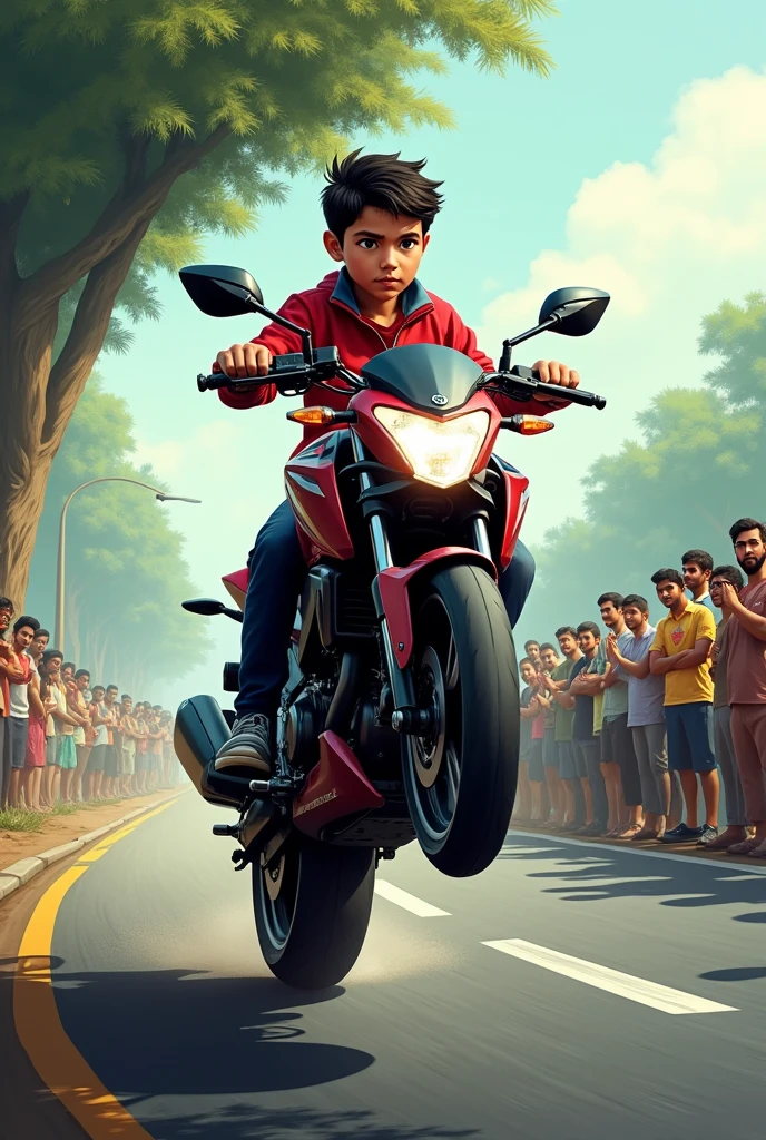 A boy is riding a Pulsar N 150 bike on the road and his front wheel is raised, there is a tree beside the road and many people are watching the bike from the side of the road 