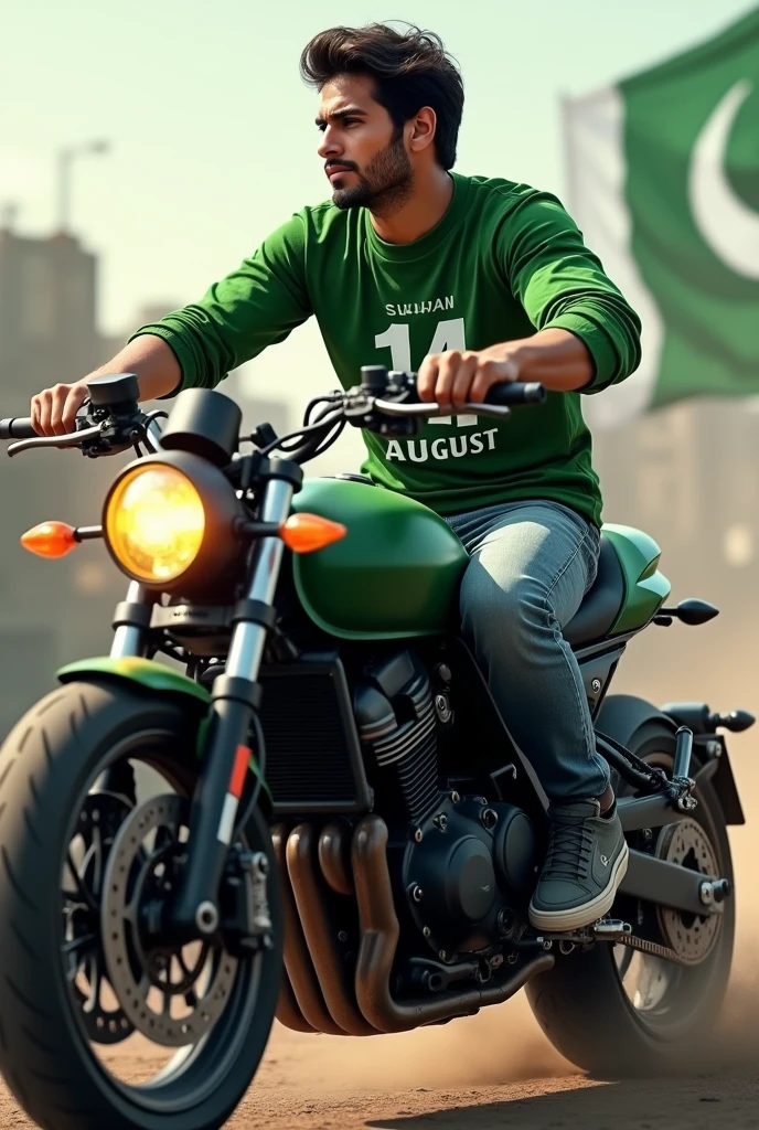 Heavy bike par larka behta ho full 14 august flag color and 14 gust shirt Shahan name side pose