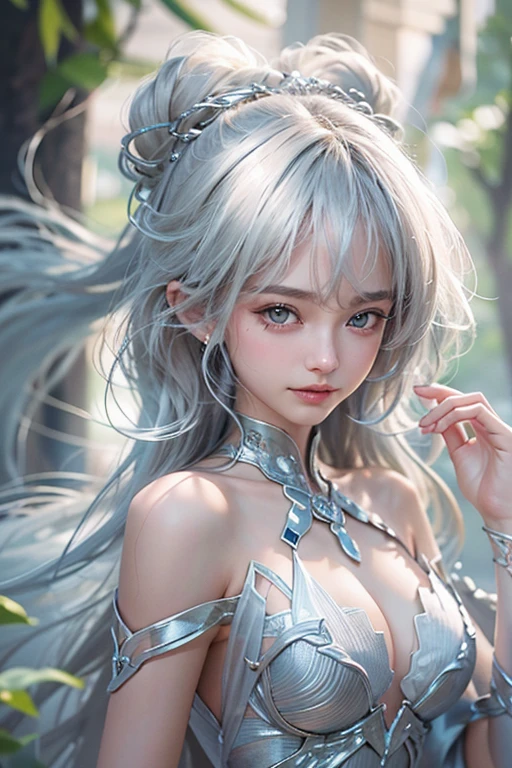 (masterpiece:1.3), (8k, Realistic, RAW Photos, Best image quality: 1.4), Fair-skinned fairy woman、Long Hair、Cleavage:2.0、Highly detailed face、Attention to detail、double eyelid、Chest to chest、Sharp focus:1.2、Beautiful woman:1.4、Silvery white hair、Highest quality、masterpiece、Ultra-high resolution、(Realistic:1.4)、Highly detailed and professionally lit smiles、Loose, Light, futuristic clothing、Shoulder out、thin、Serious expression、Short-haired、Deadly position, Gorgeous Accessories, One person