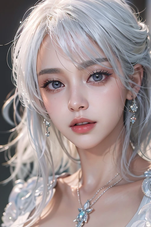 (masterpiece:1.3), (8k, Realistic, RAW Photos, Best image quality: 1.4), Fair-skinned fairy woman、Long Hair、Cleavage:2.0、Highly detailed face、Attention to detail、double eyelid、Chest to chest、Sharp focus:1.2、Beautiful woman:1.4、Silvery white hair、Highest quality、masterpiece、Ultra-high resolution、(Realistic:1.4)、Highly detailed and professionally lit smiles、Loose, Light, futuristic clothing、Shoulder out、thin、Serious expression、Short-haired、Deadly position, Gorgeous Accessories, One person 