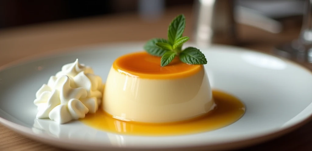 Pudding served at a chic restaurant。
There is a plate on the table、There is a pudding on the plate。Whipped cream is served next to the pudding.。
There is no mint。