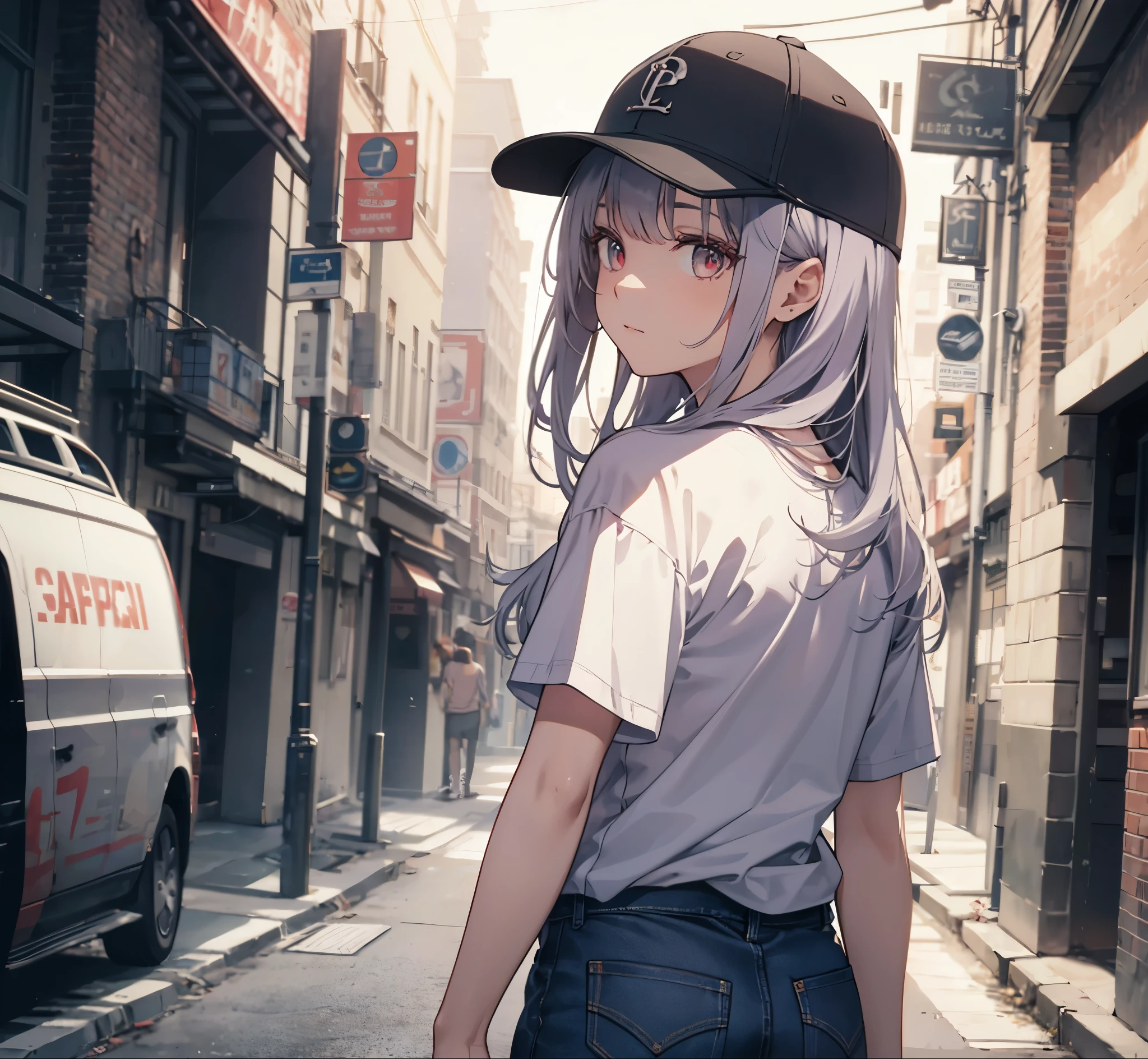 (Close-up:1.3),Realistic,Highest quality, Super detailed, High-quality CG rendering, The most delicate and beautiful, Floating softly, High resolution, (1 person), (Highest quality,4K,8k,masterpiece:1.2), Light purple hair,(Long Hair:1.5),Red eyes,(Black short sleeve T-shirt:1.4),(Pure white skinny jeans:1.4),(Pure white baseball cap:1.3),In the city,old buildings,Narrow Alley,(Turn your back to your audience:1.3),Butt