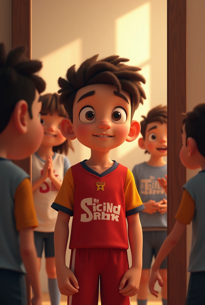 A ager with autism stands in front of a mirror, wearing a sports uniform, ready for a game. Around him, his friends proudly cheer him on with the words 'Be Kind, Be Strong,'