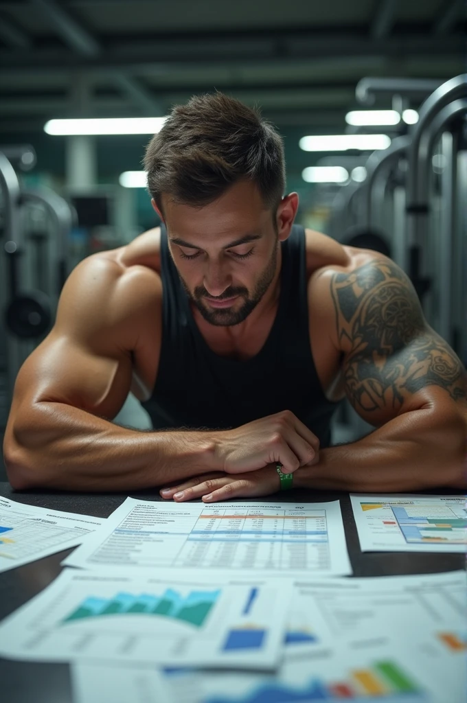 Brazilian man, shorth hair, whisker, looking at the training spreadsheet of bodybuilding students.