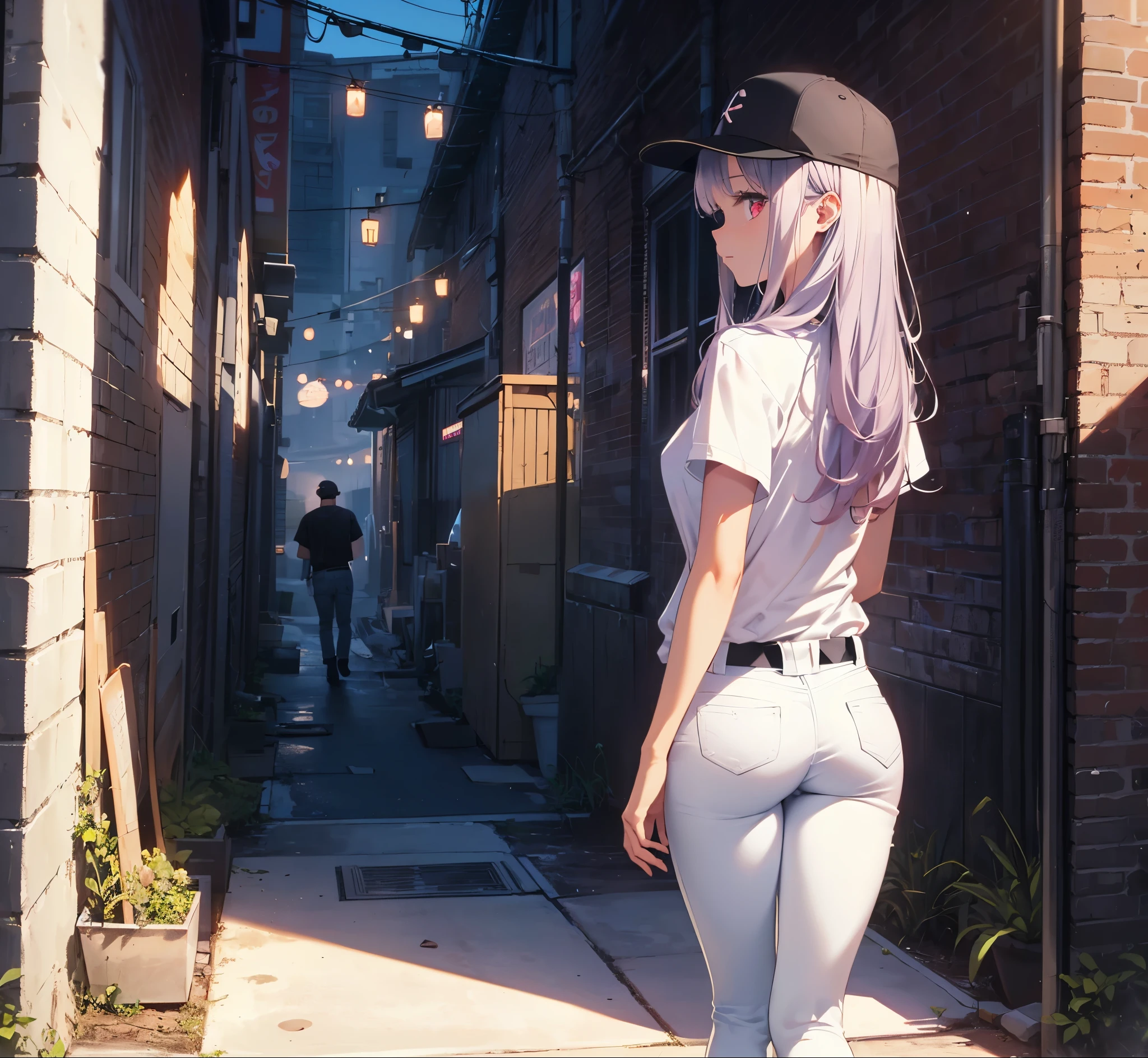 (Close-up:1.3),Realistic,Highest quality, Super detailed, High-quality CG rendering, The most delicate and beautiful, Floating softly, High resolution, (1 person), (Highest quality,4K,8k,masterpiece:1.2), Light purple hair,(Long Hair:1.5),Red eyes,(Black short sleeve T-shirt:1.4),(Pure white skinny jeans:1.4),(Pure white baseball cap:1.3),In the city,old buildings,Narrow Alley,(Turn your back to your audience:1.3),Butt