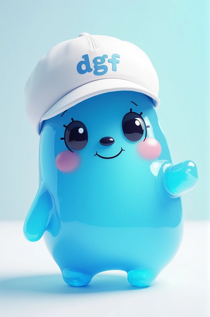 A gummy styled character with blue transparent skin with a white cap with the initials dgf on it also have a cute face