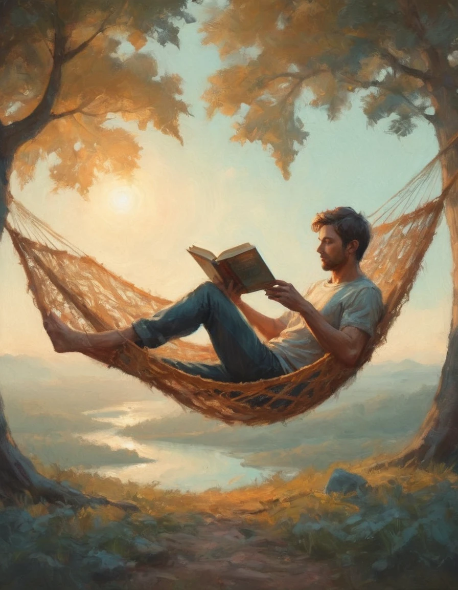 Hyperreal digital art style, "Fairytale", fantasy world coming out of centered book, open book, hyperdetailed double exposure fantasy illustration, masterpiece, cinematic, by Andreas Lie, Luke Gram, photorealism, backlit, gorgeous light, a man resting in a hammock reading a book