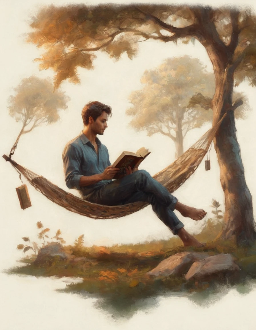 Hyperreal digital art style, "Fairytale", fantasy world coming out of centered book, open book, hyperdetailed double exposure fantasy illustration, masterpiece, cinematic, by Andreas Lie, Luke Gram, photorealism, backlit, gorgeous light, a man resting in a hammock reading a book