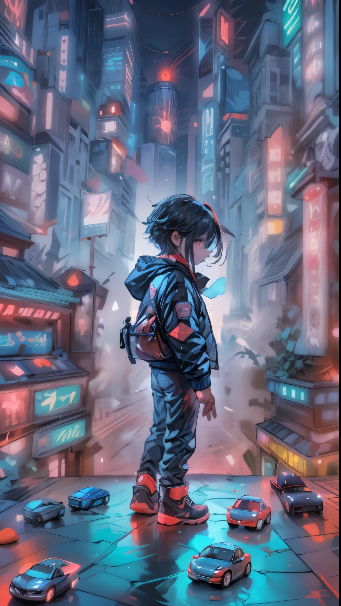 A 7--old playing with his toy cars. with a black leather jacket looking at the viewer.1.4,on a deep balcony,cyberpunk city in the distance,cyberpunk colors,neon,High Definition,8k,masterpiece,(Best Quality,4k,8k,High resolution,masterpiece:1.2),ultra detailed,(realist,photorealist,photo-realist:1.37),beautiful detailed eyes,beautiful detailed lips,extremely detailed eyes and face,long eyelashes,cinematic lighting,cinematographic composition,dramatic lighting,dynamic composition.worst quality, low quality, bad anatomy, bad hands, bad body, missing fingers, extra digit, fewer digits.memphisstyle-6750, rz-passage
