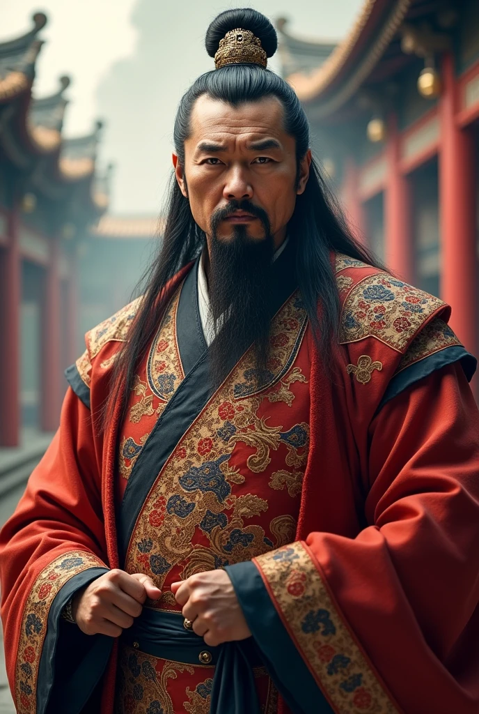 long black hair, Ancient Chinese clothing, Middle-aged man, stalwart, Big guy.