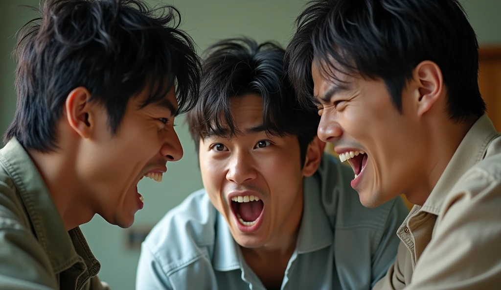 Three young Japanese men facing each other and looking angry,Excited, Photo of your face, Intense anger, With the room in the background, with a natural look, With a slightly tired look, tilt your face a little, Diagonal orientation, Average face