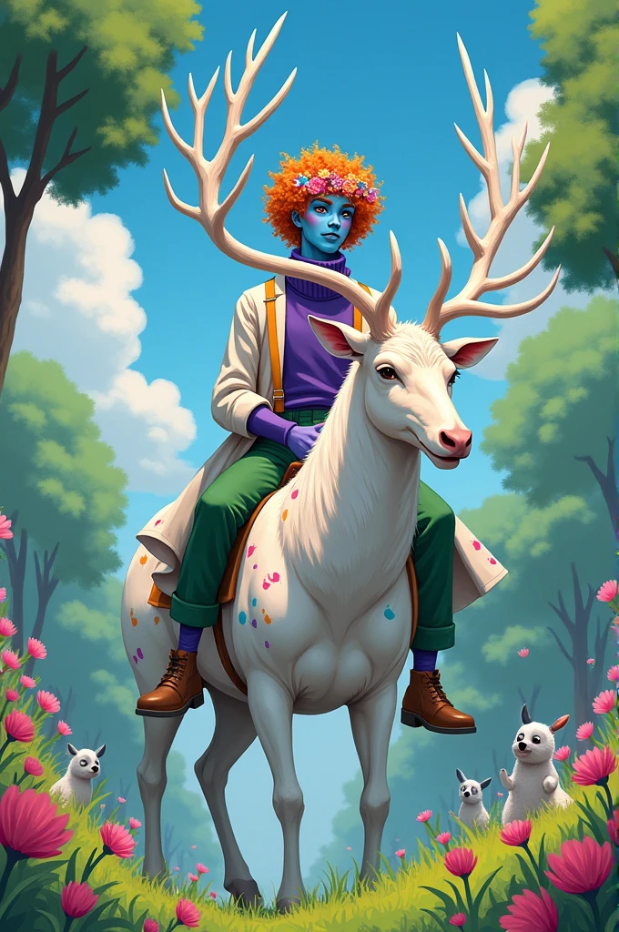 This art has to be in anime a handsome man with blue skin curly orange hair white eyes wearing a purple sweater with white coat with paint stains he is also wearing a flower crown and he has two pairs of white deer antlers he is wearing green pants with yellow suspenders he is riding a large white deer with blue eyes and crystal antlers the place he is in is a beautiful forest full of life with various plants animals and flowers