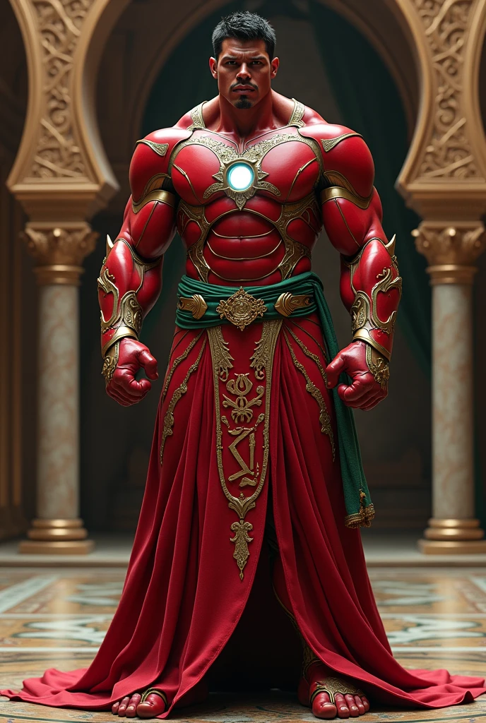 Create an image of Red hulk wearing a traditional Muslim suit. The suit should be a blend of Iron Man's iconic armor and the elegant, flowing style of traditional Muslim attire. Ensure the color palette combines the classic green and gold of Iron Man's suit with the rich, deep colors often seen in Muslim garments."