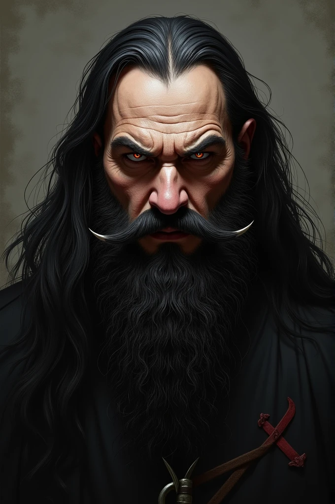 Vlad 3 dwarf, impaler, long black hair, mustache and big beard, menacing face 