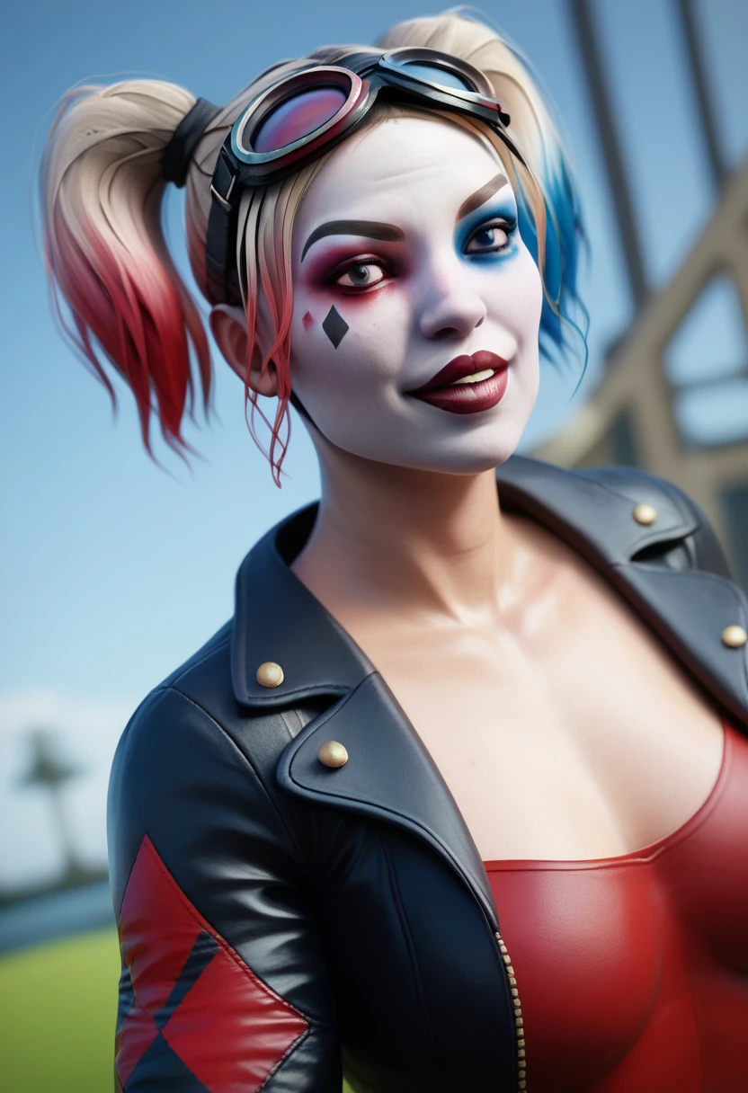 score_9, score_8_up, score_7_up, score_6_up, BREAK 1girl, harley quinn, jacket, goggles on head, depth of field, parted lips, 3d,
