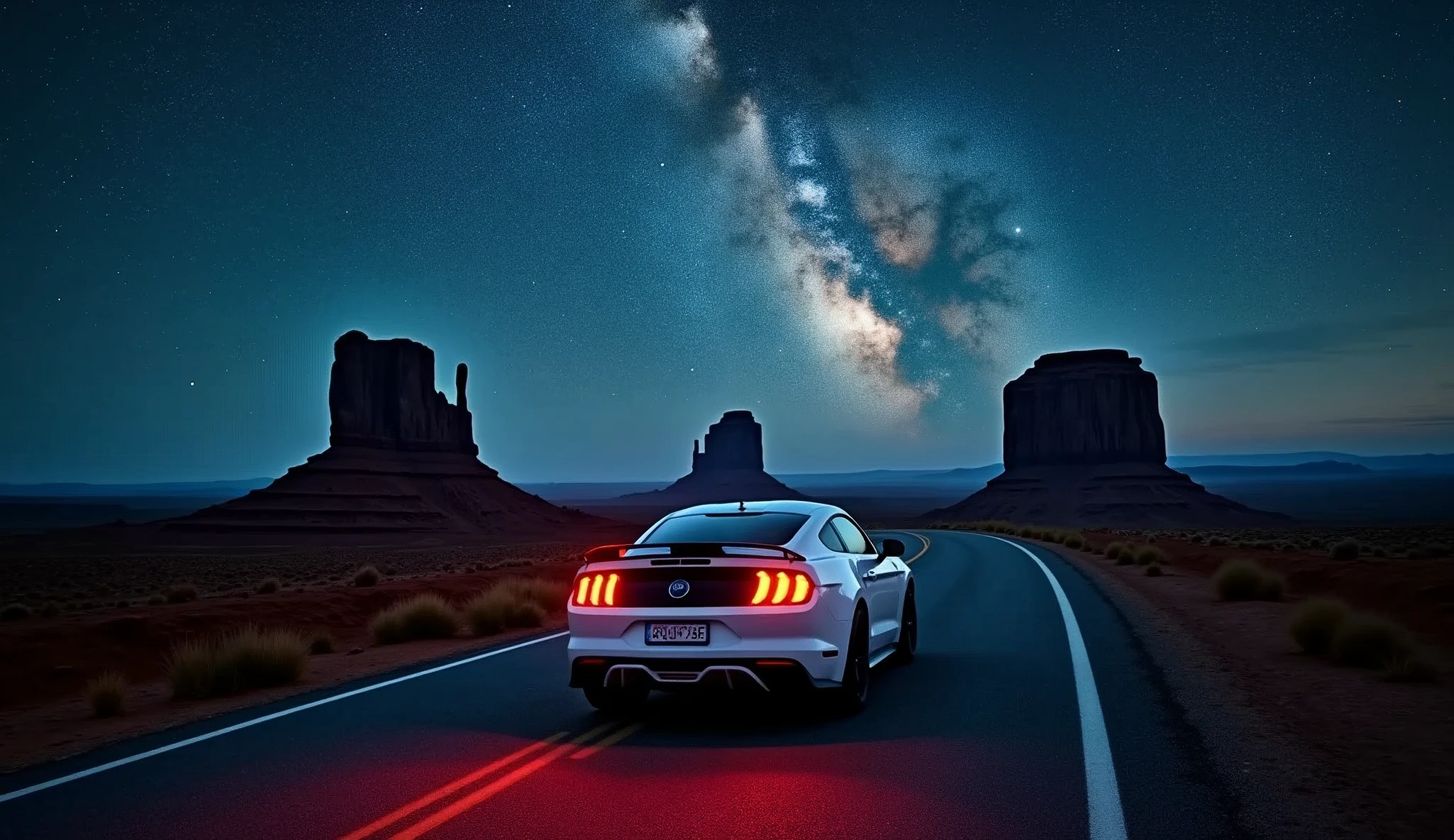 A white 2015 Ford Mustang drives down a winding, moonlit road through Monument Valley at night. The back of the car is prominently visible, perfectly centered in the image, with its taillights glowing faintly. In the distance, the iconic rock formations of Monument Valley rise majestically against the horizon. Above, the stunning spiral of the Milky Way arcs across the night sky, casting a magical glow over the entire scene